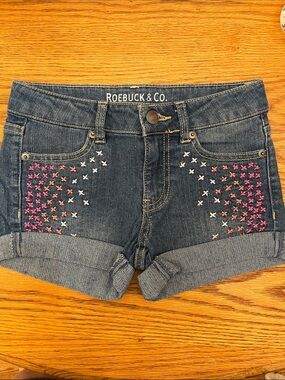 Roebuck & Co Girls Dark Wash Denim Shorts with Pink & White Embroidery